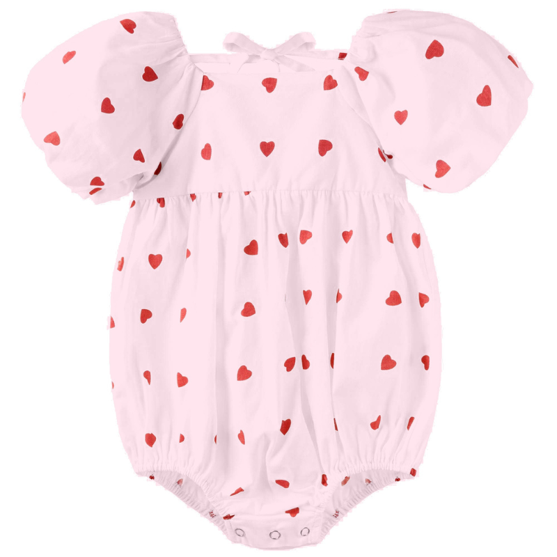 Love Hearts Puff Sleeve Romper - Pink