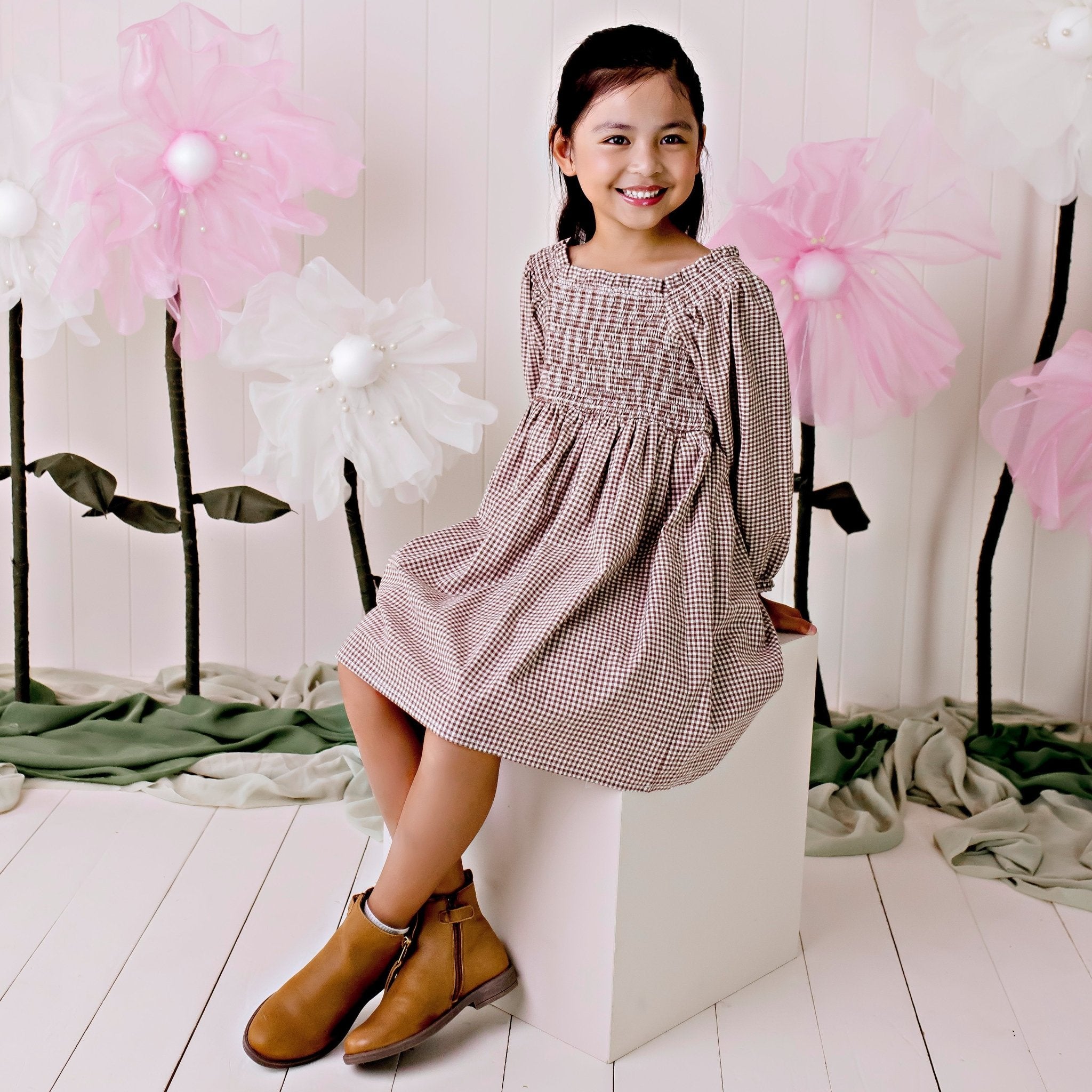 Lily L/S Puff Sleeve Dress - Choc Gingham - Designer Kidz