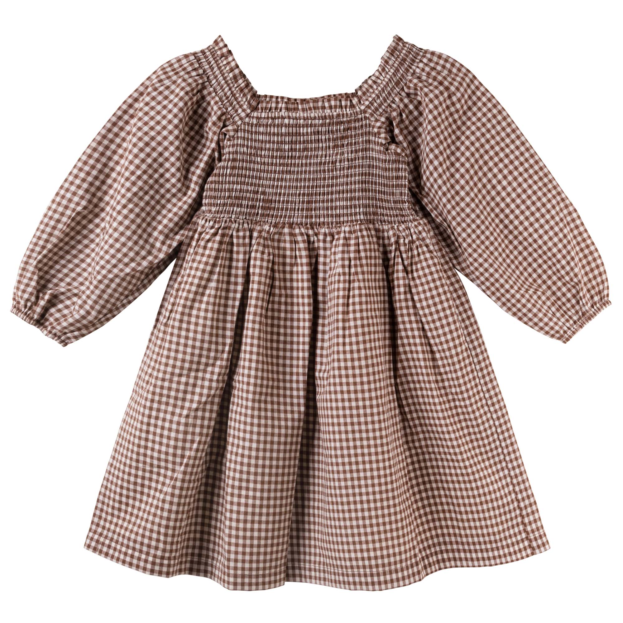Lily L/S Puff Sleeve Dress - Choc Gingham - Designer Kidz