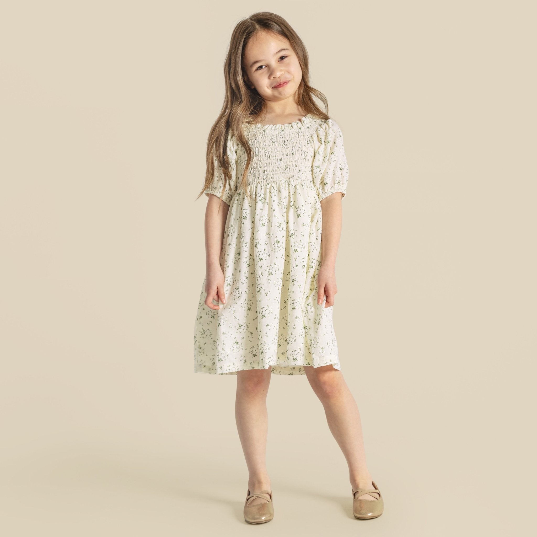 Lily Puff Sleeve Dress - Ecru Floral - Designer Kidz