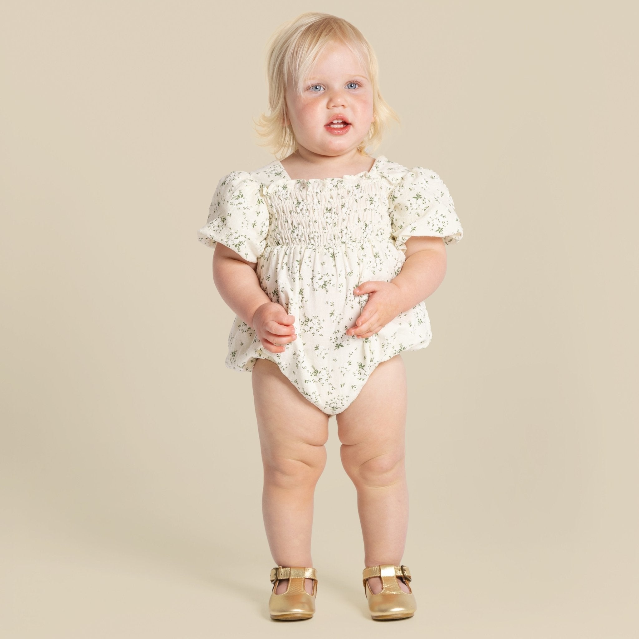 Lily Puff Sleeve Romper - Ecru Floral - Designer Kidz