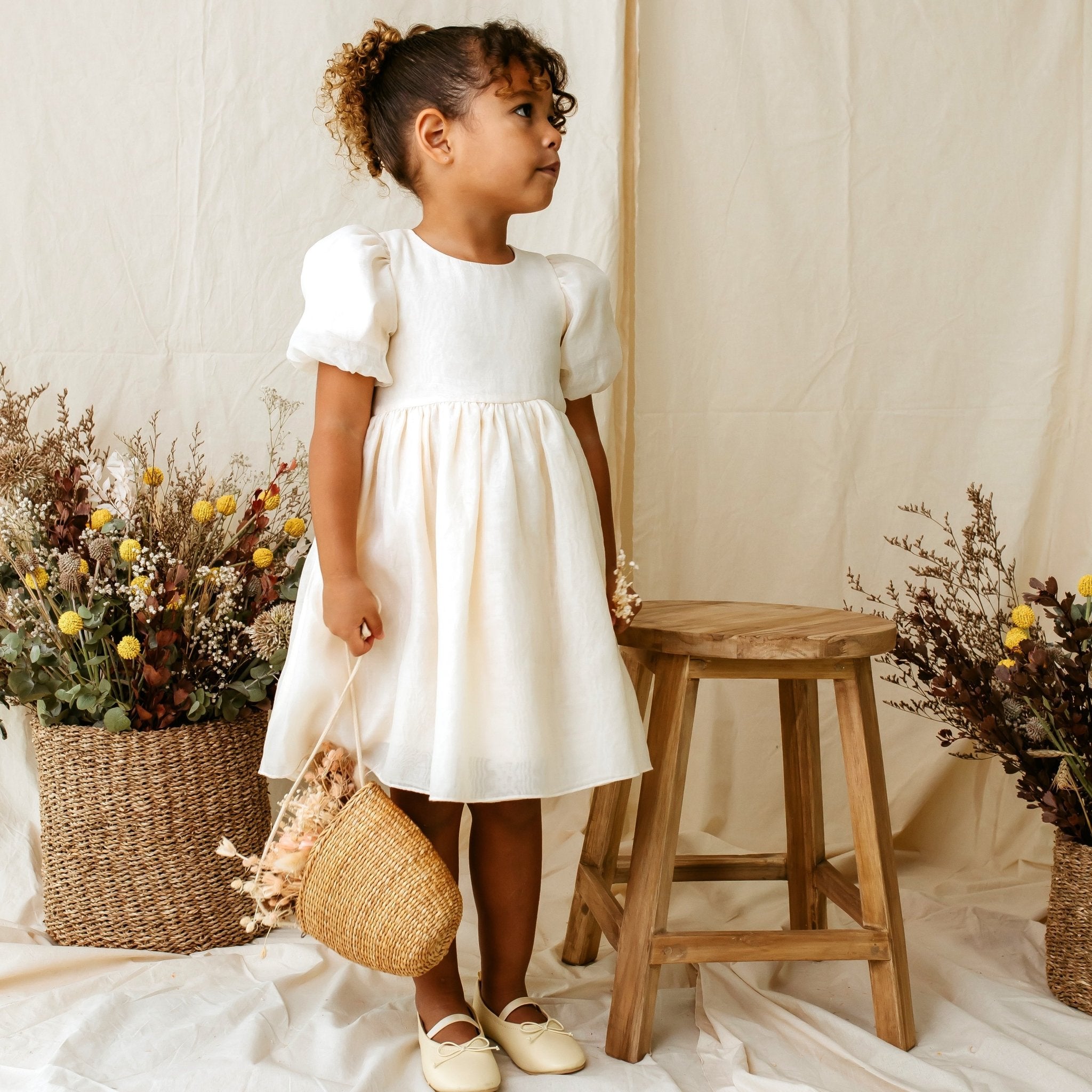 Noa Puff Sleeve Bow Back Dress - Champagne - Designer Kidz