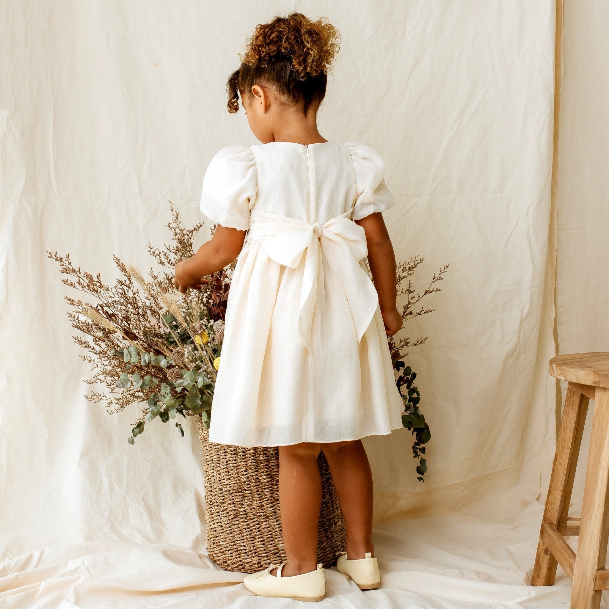 Noa Puff Sleeve Bow Back Dress - Champagne - Designer Kidz