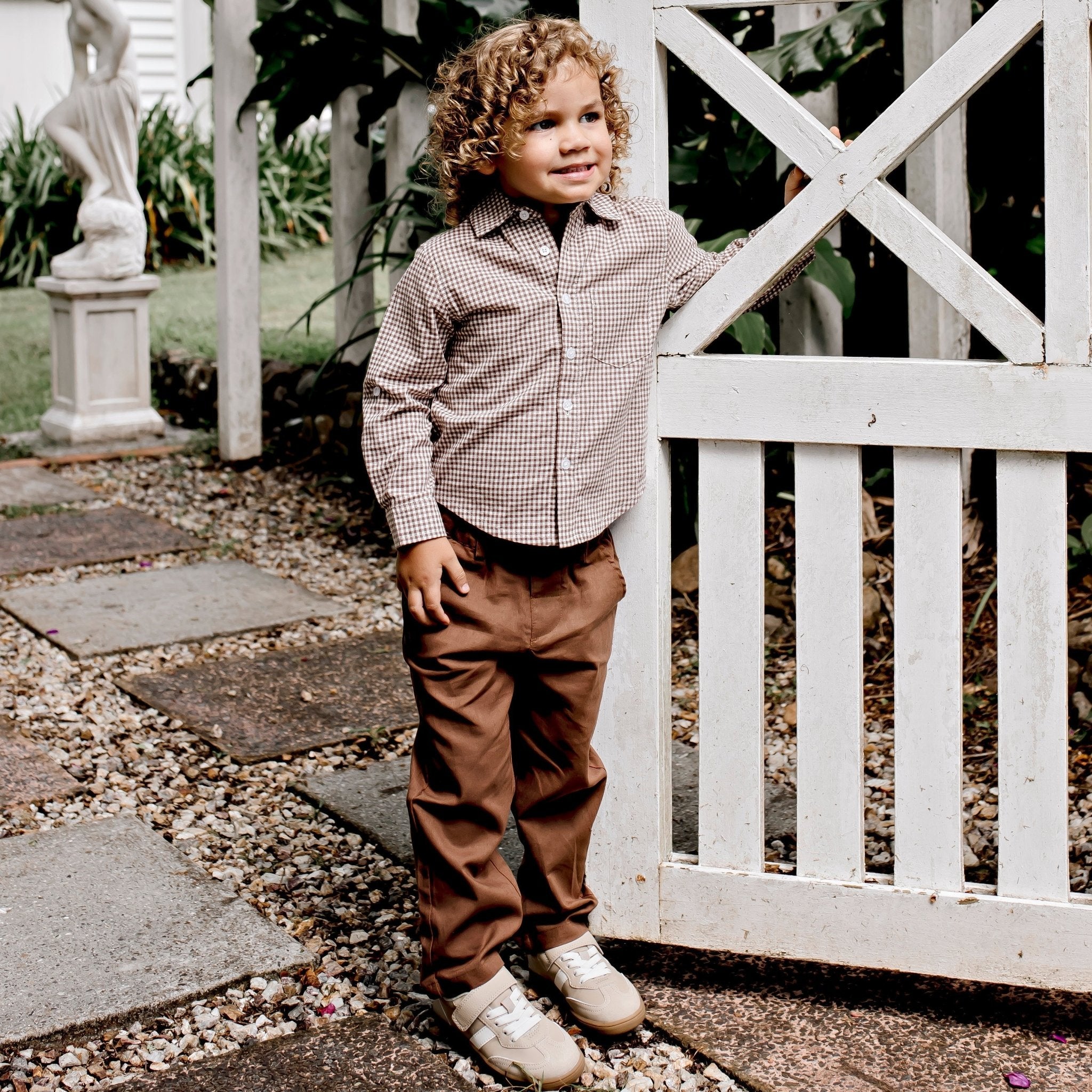 Oliver L/S Button Shirt - Choc Gingham - Designer Kidz