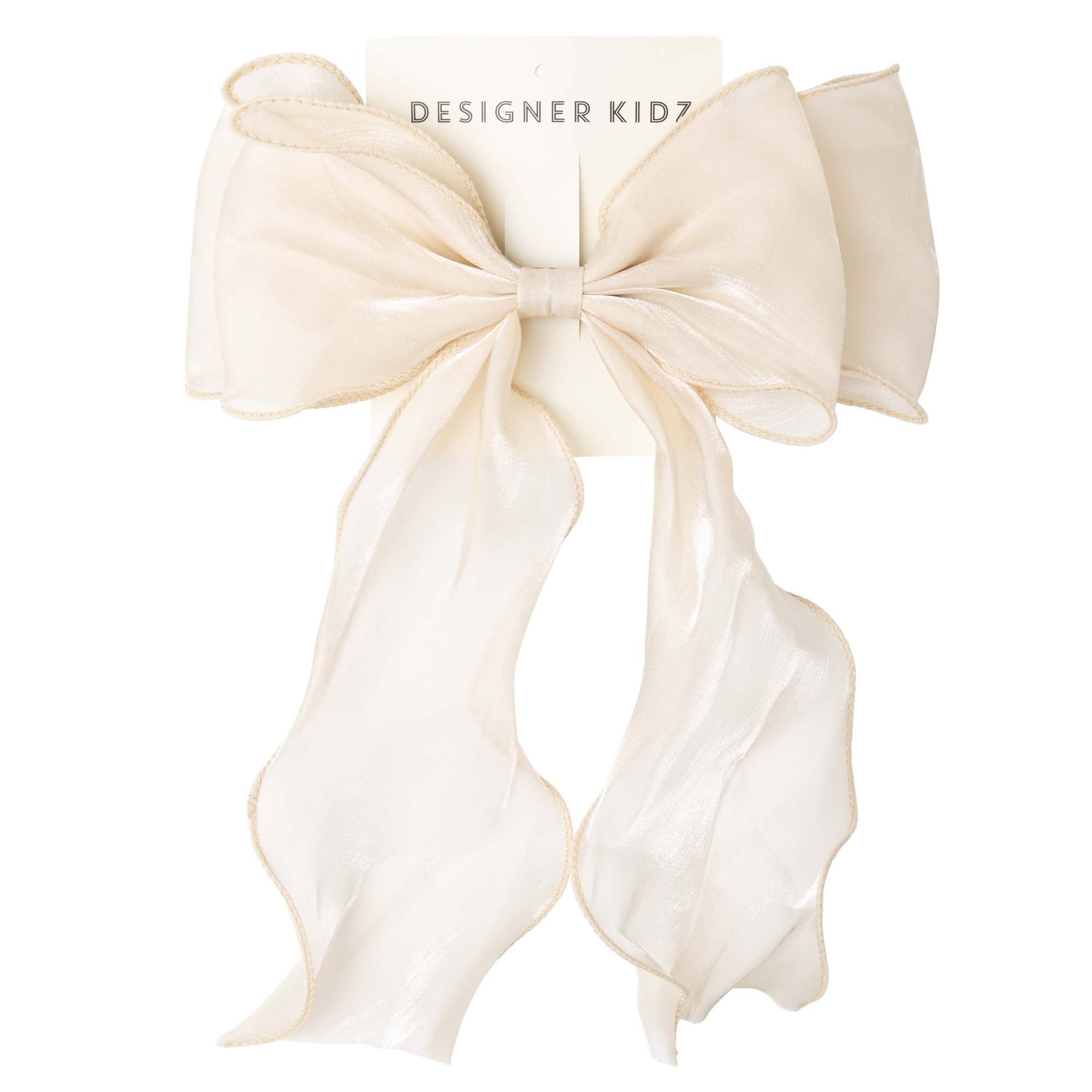 Shimmer Mesh Long Bow Hair Clip - Ecru - Designer Kidz