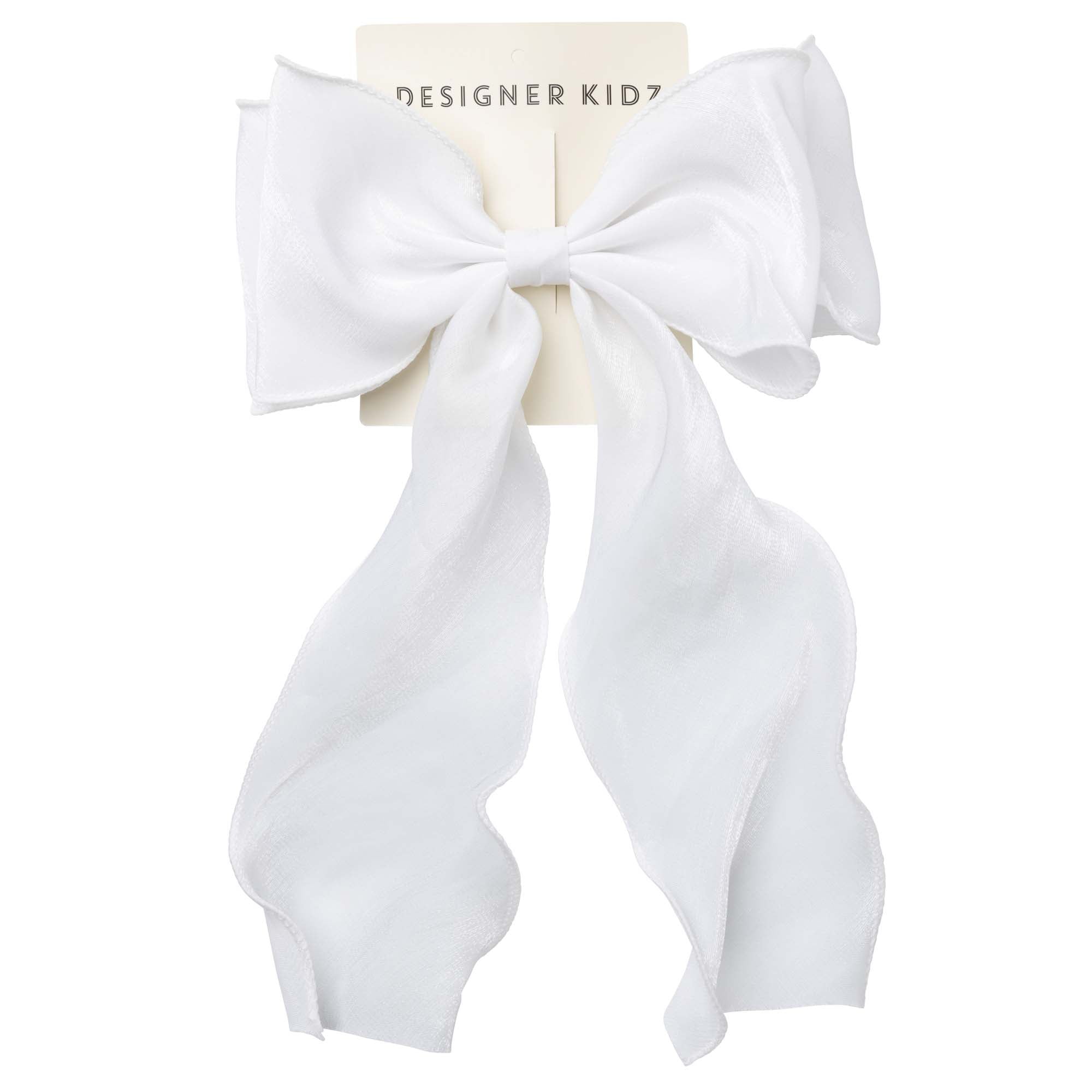 Shimmer Mesh Long Bow Hair Clip - White - Designer Kidz