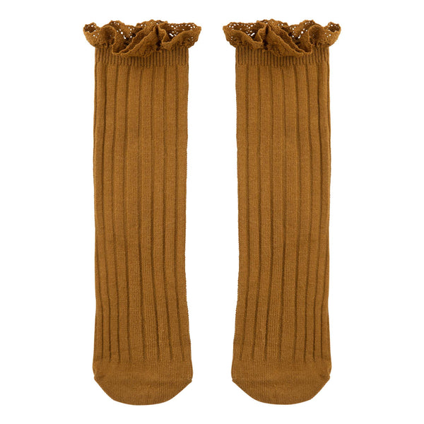 Frilly Ribbed Long Socks - Mustard