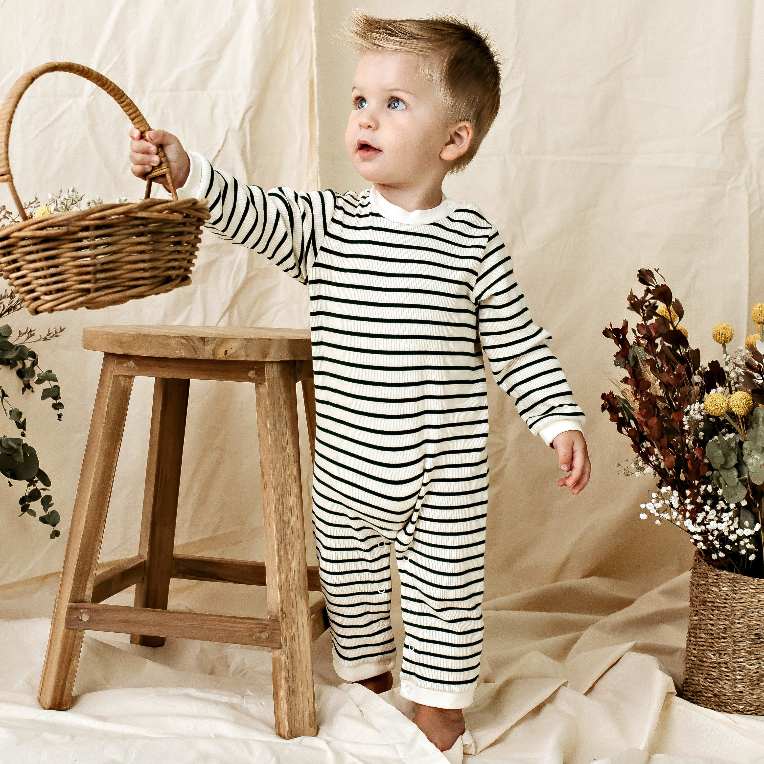 Jack Rib Stripe Romper - Forest Green