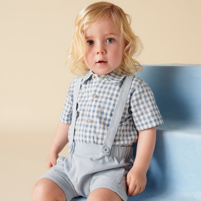 Finley Linen Suspender Shorts - Ice Blue
