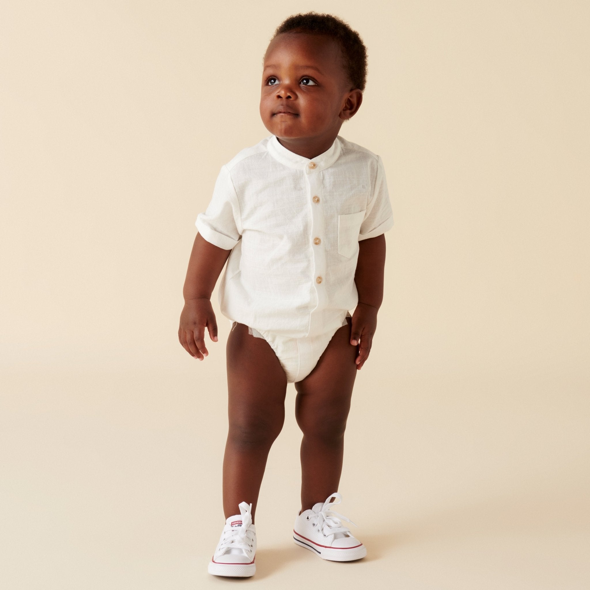 Leo S/S Button Romper - Ivory - Designer Kidz