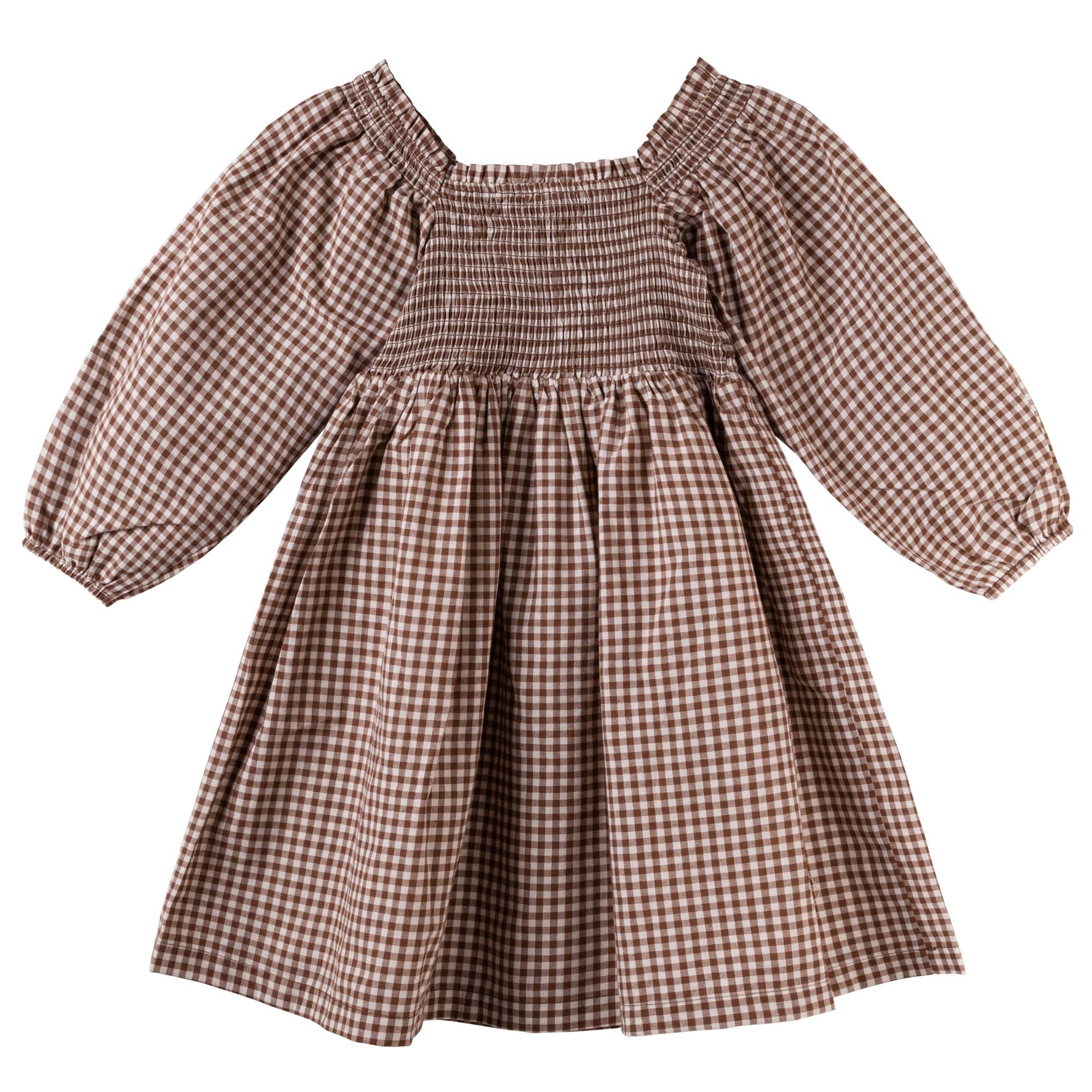 Lily L/S Puff Sleeve Dress - Choc Gingham - Designer Kidz