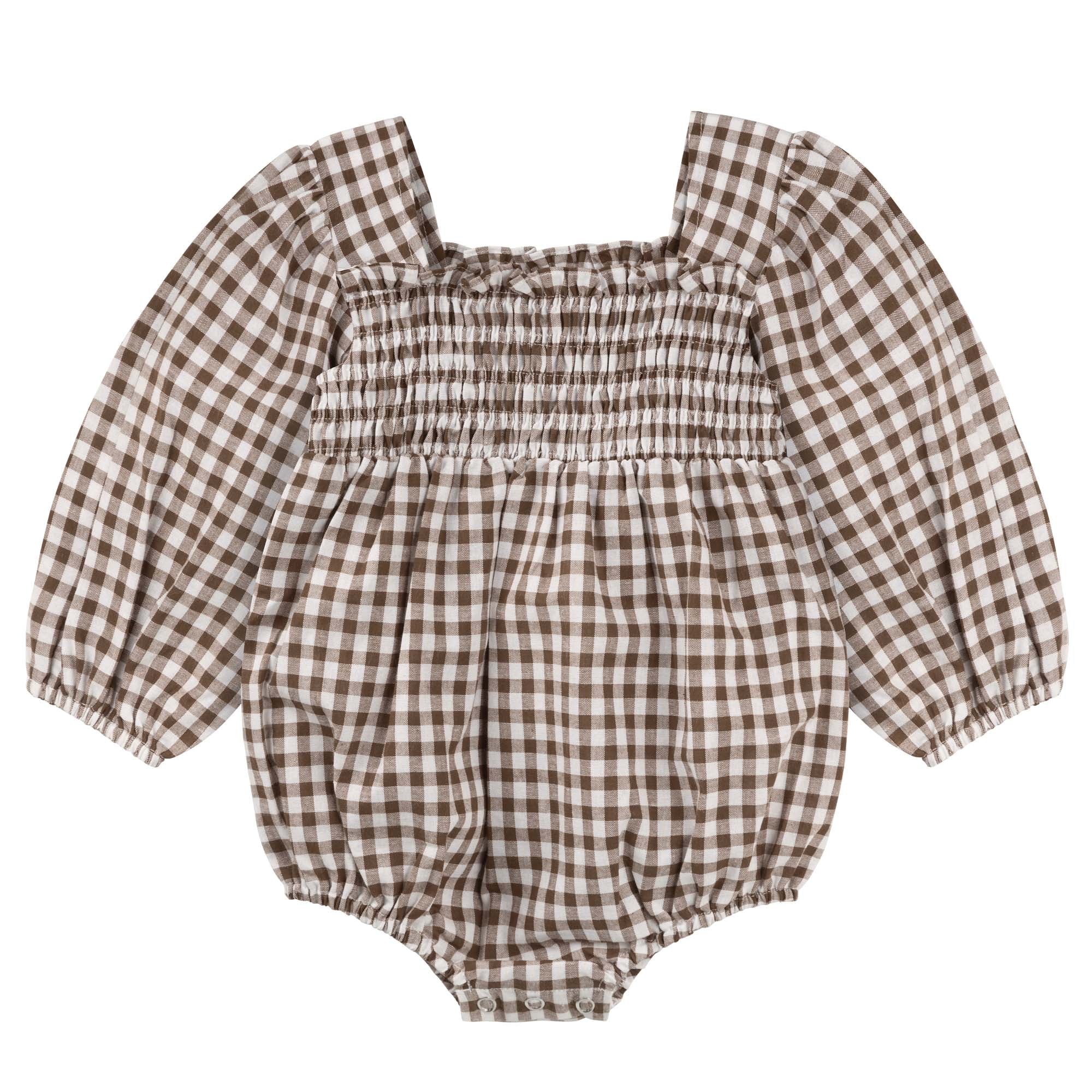 Lily L/S Puff Sleeve Romper - Choc Gingham - Designer Kidz