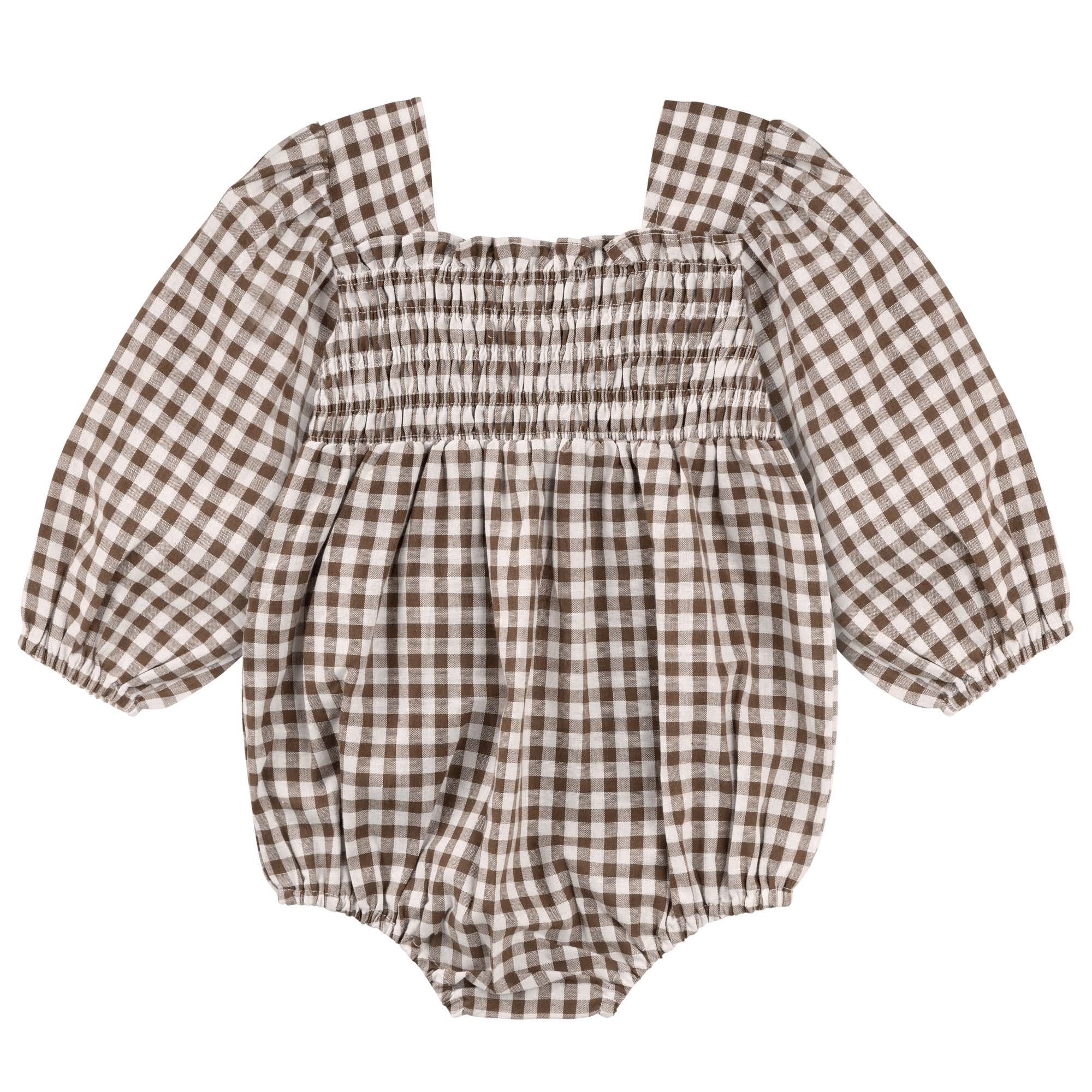 Lily L/S Puff Sleeve Romper - Choc Gingham - Designer Kidz