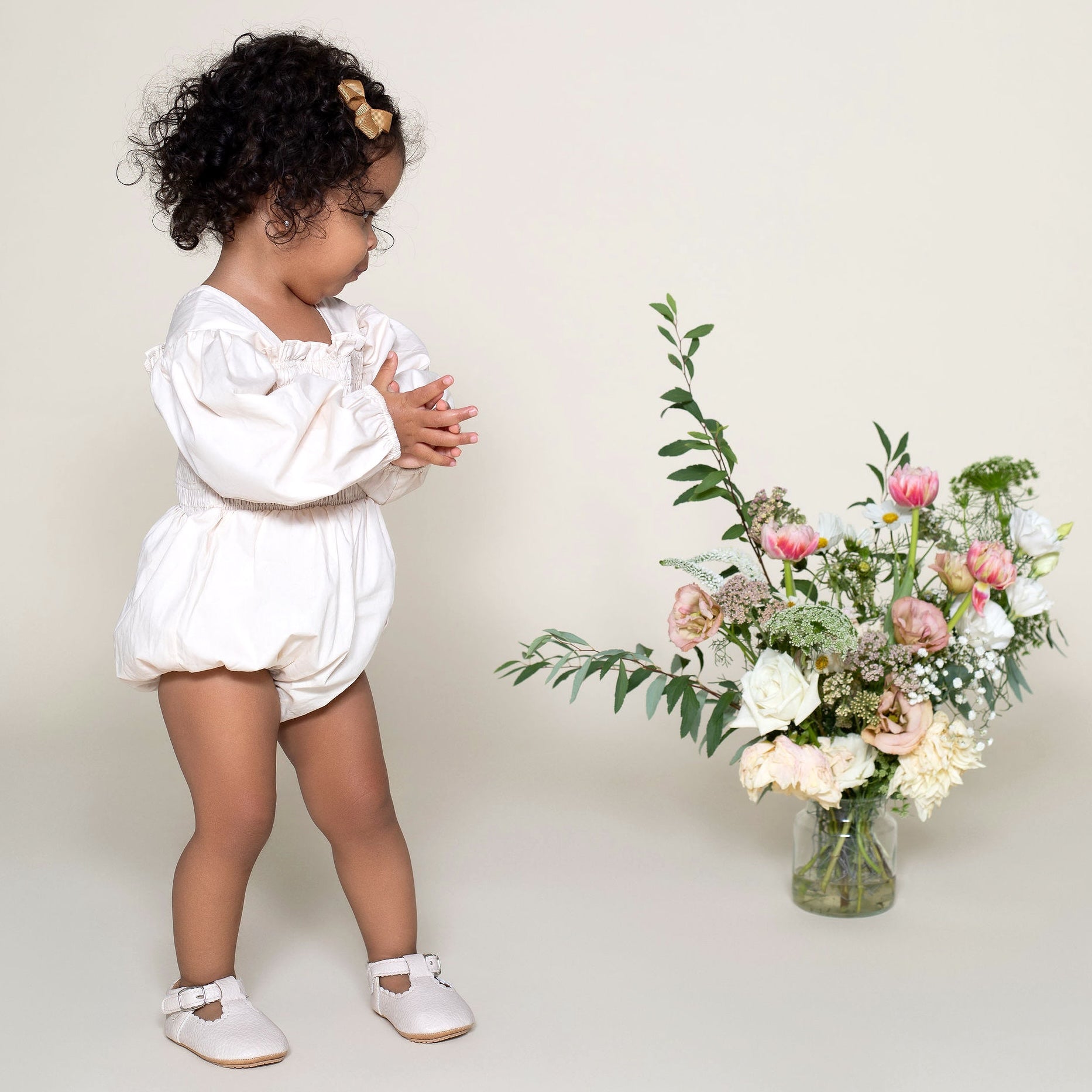 Lily L/S Puff Sleeve Romper - Ecru - Designer Kidz