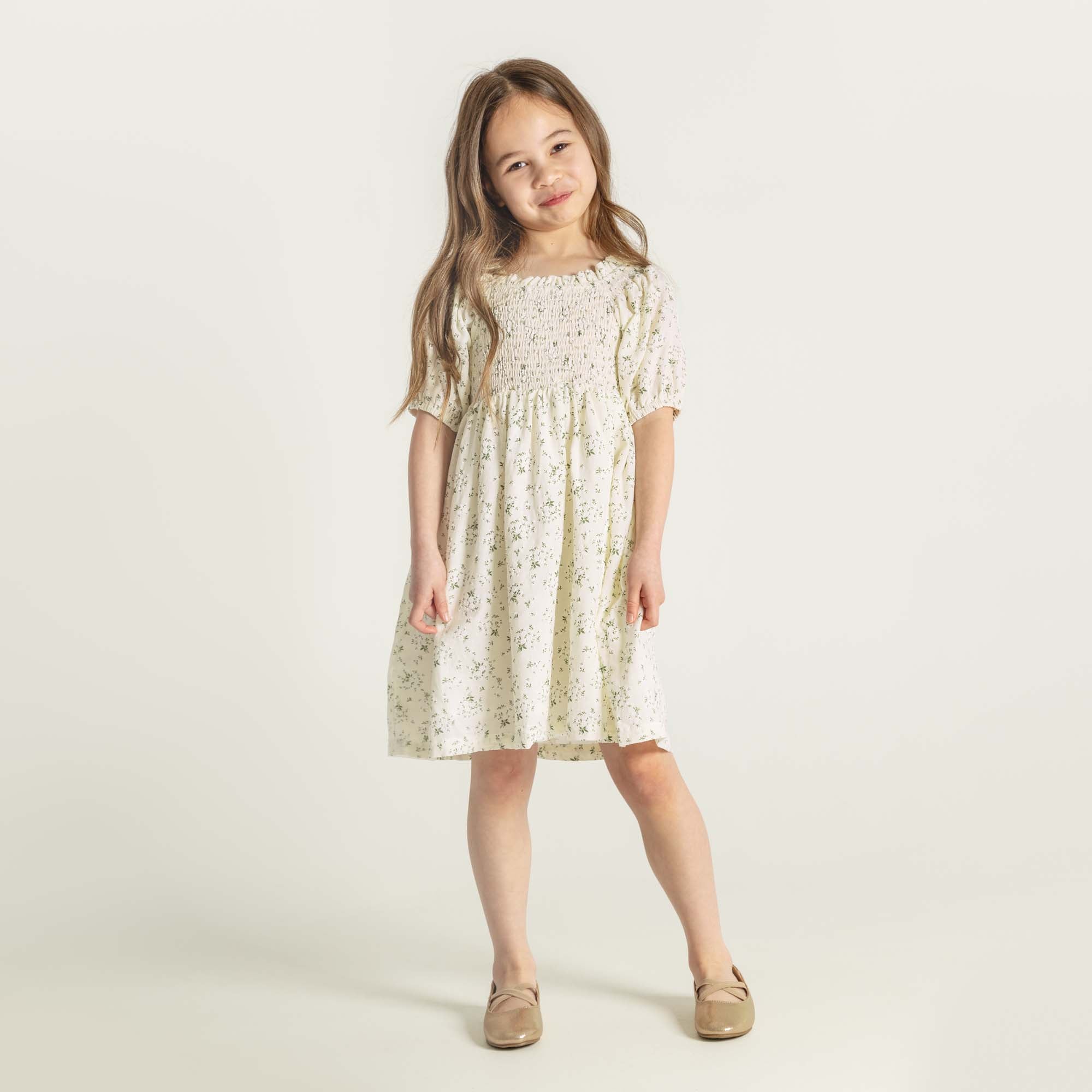 Lily Puff Sleeve Dress - Ecru Floral - Designer Kidz