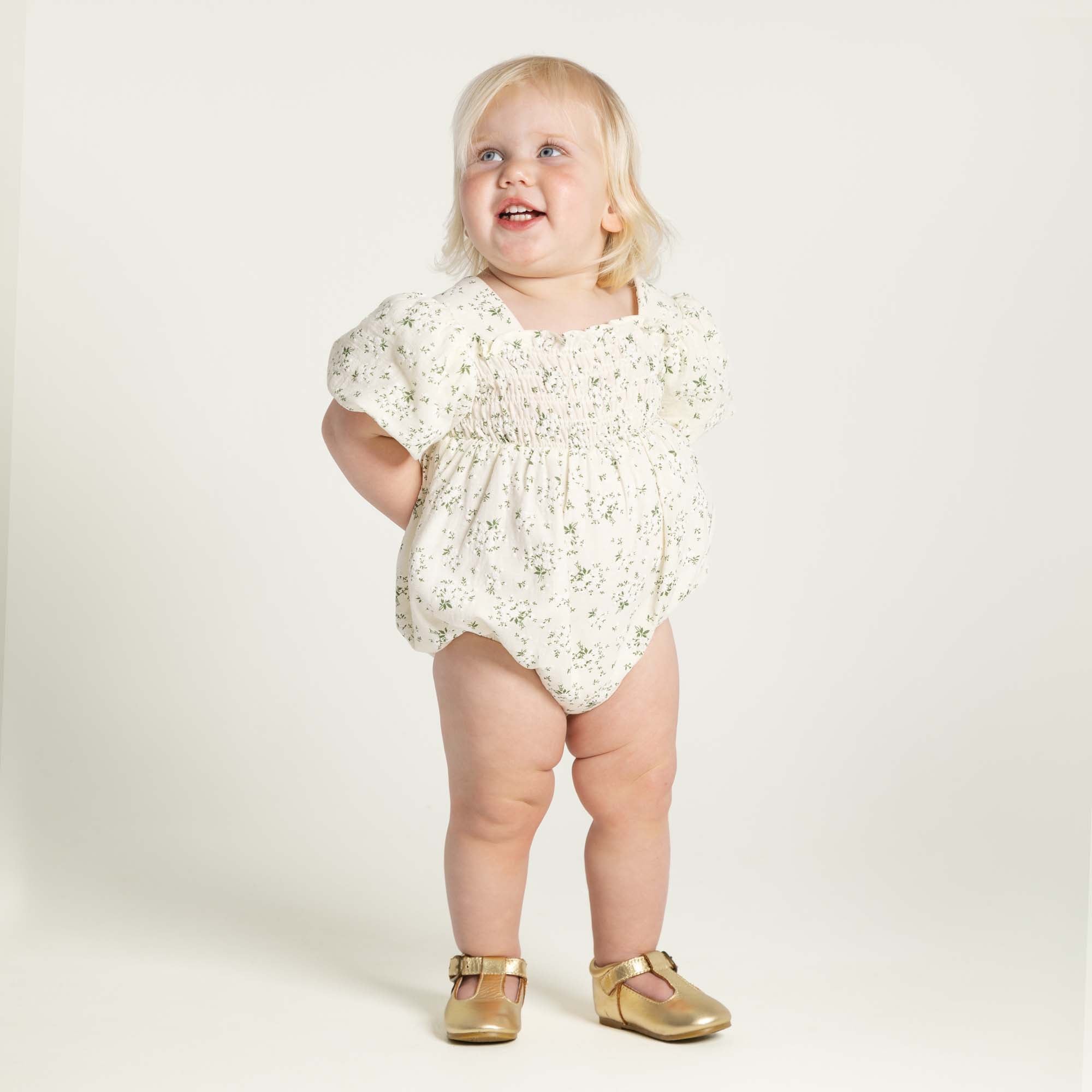 Lily Puff Sleeve Romper - Ecru Floral - Designer Kidz