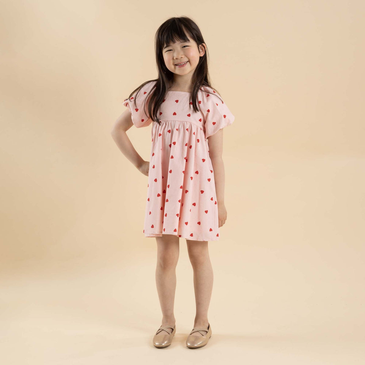 Love Hearts Puff Sleeve Dress - Pink - Designer Kidz