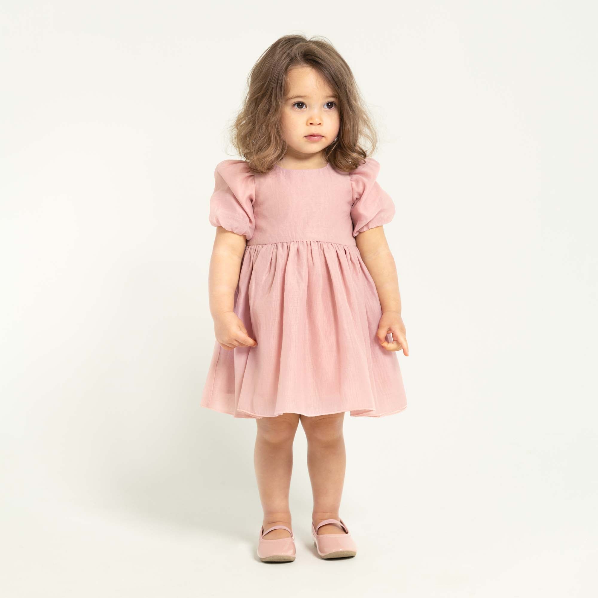 Noa Puff Sleeve Bow Back Dress - Blush - Designer Kidz