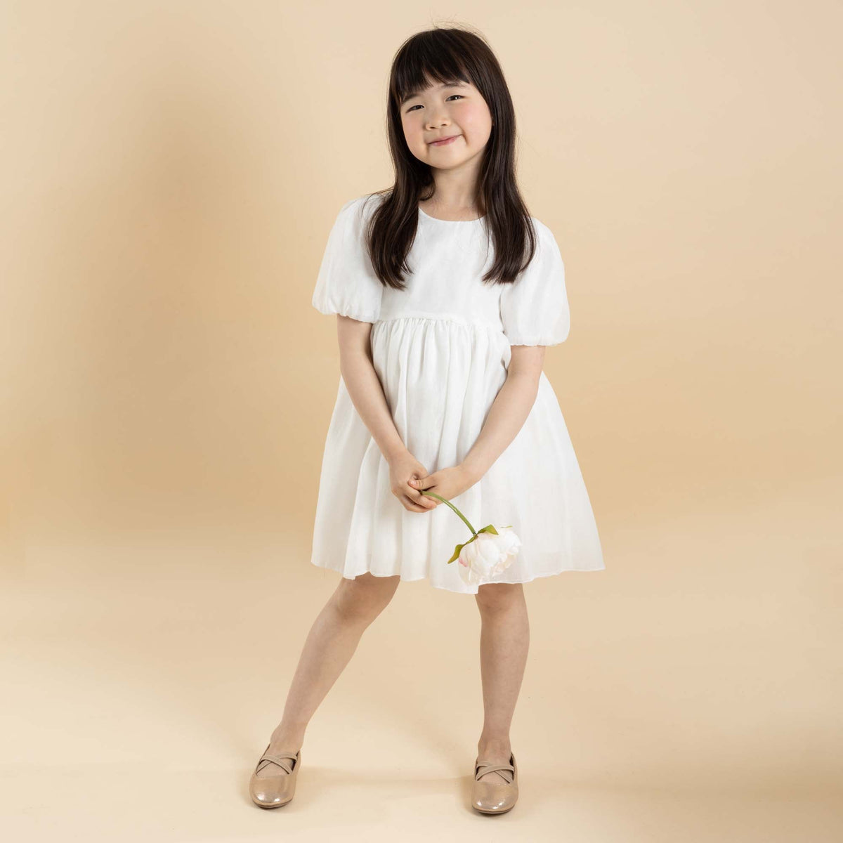 Noa Puff Sleeve Bow Back Dress - Ivory - Designer Kidz