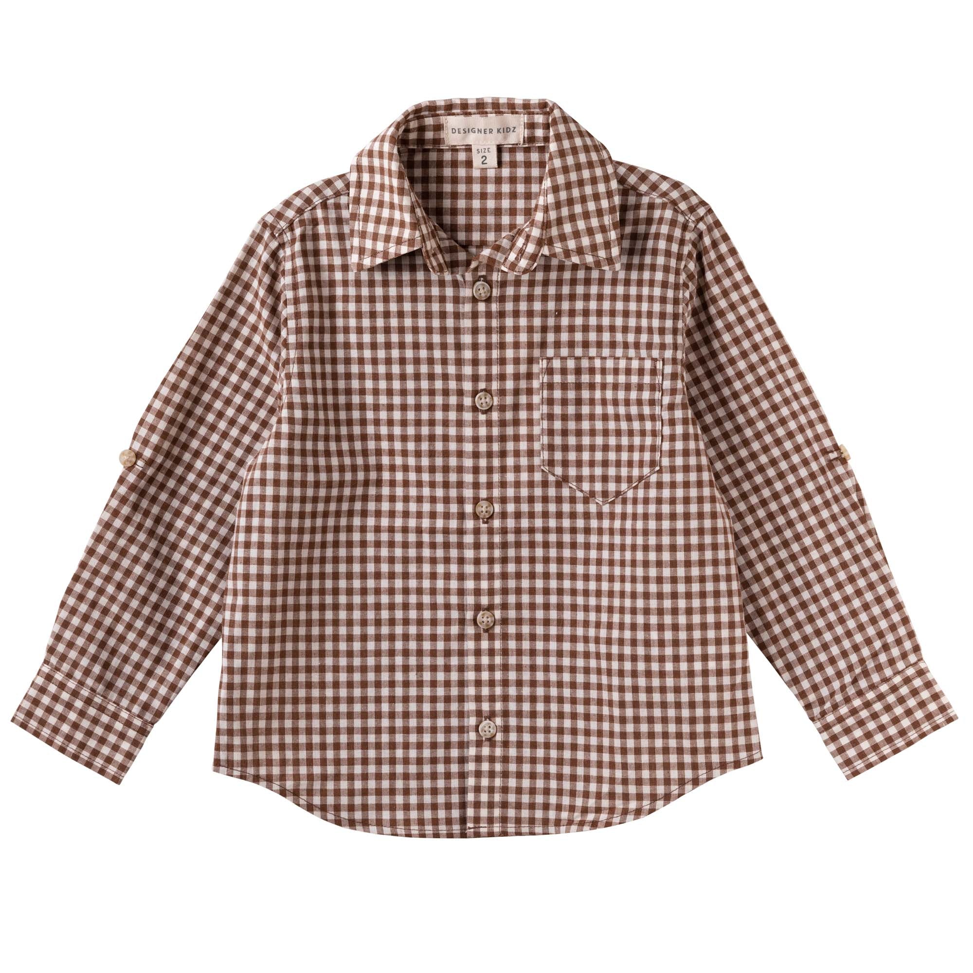 Oliver L/S Button Shirt - Choc Gingham - Designer Kidz