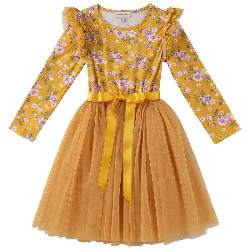 Millie Floral L/S Tutu Dress - Honey Gold