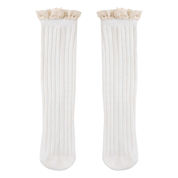 Frilly Ribbed Long Socks - Cream
