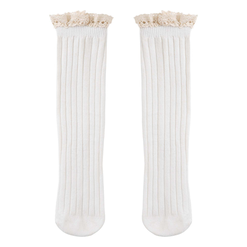 Frilly Ribbed Long Socks - Cream