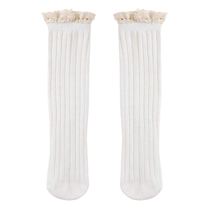 Frilly Ribbed Long Socks - Cream