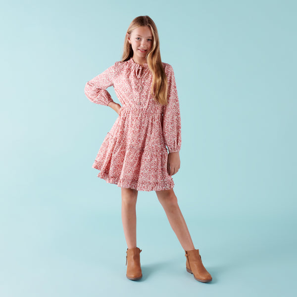 Caitlin L/S Floral Frill Dress - Dusty Pink