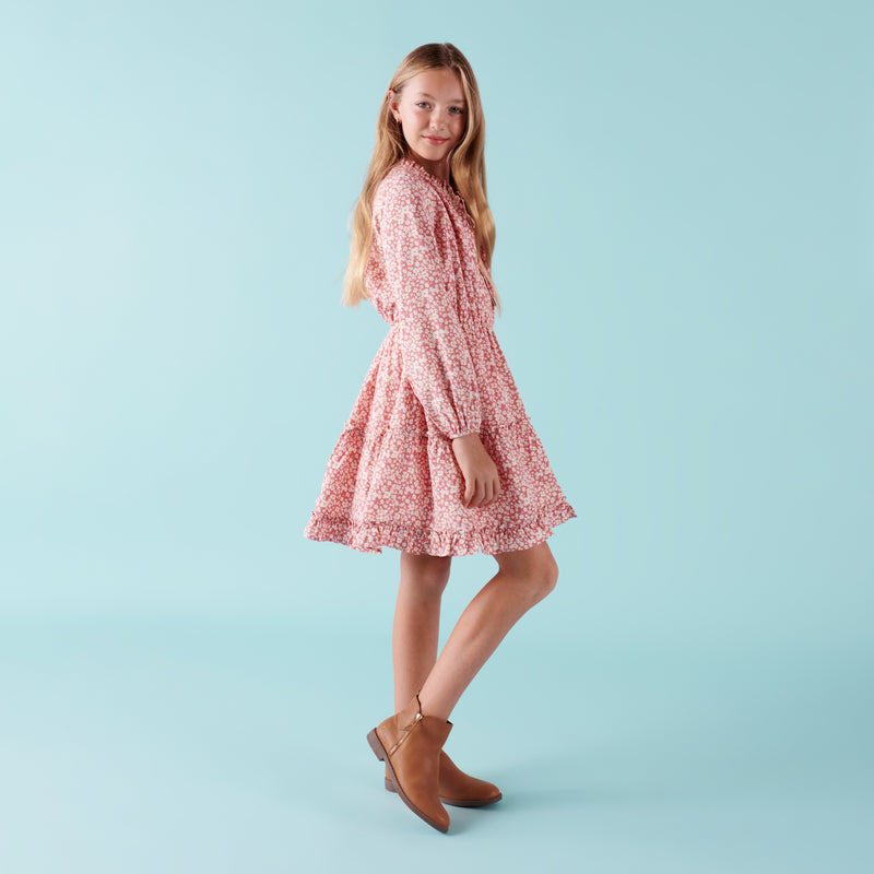 Caitlin L/S Floral Frill Dress - Dusty Pink