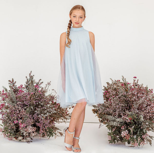 Sparkle A-Line Mesh Dress - Sky Blue